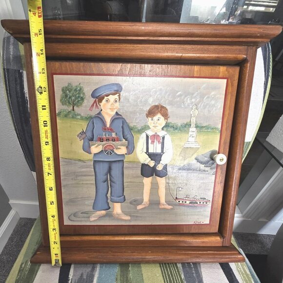 Vtg Oak Wood Medicine Cabinet Hand Painted Primitive Spice Rack Shelves Signed - Picture 3 of 16